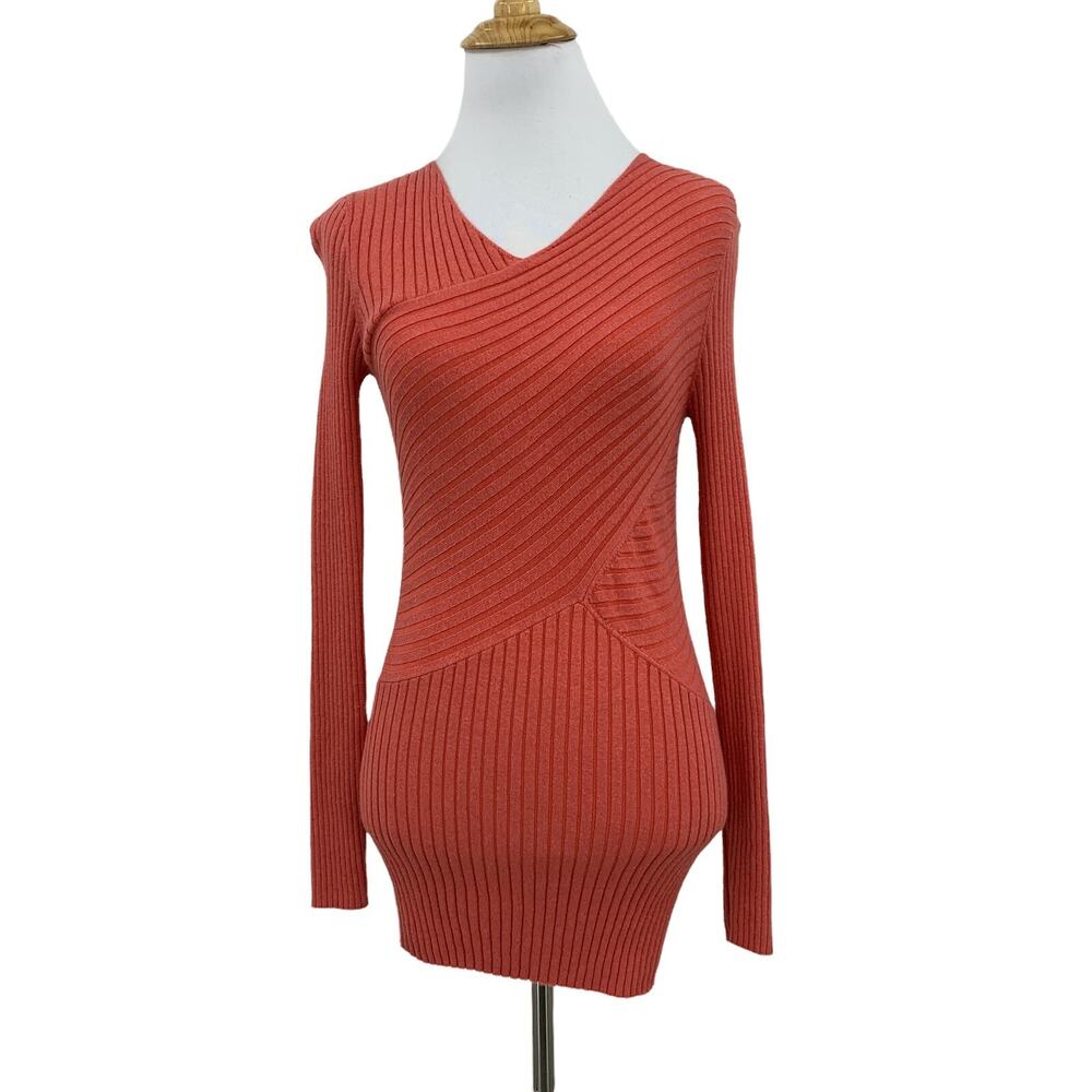 J. McLaughlin Top Womens XS Extra Small Coral Long Sleeve Contrast Ribbed Tunic